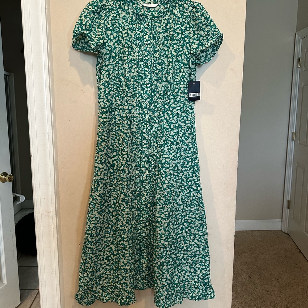 Lucky Brand Green and White Midi Dress Short Sleeve A-line NWT